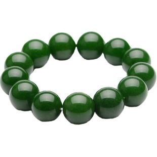 俄罗斯菠菜绿碧玉手链男天然和田玉圆珠手串女碧绿玉石串珠16mm