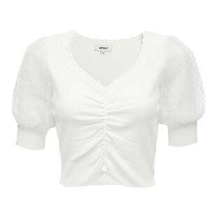 绫致ONLY25春夏减龄V领修身捏褶泡泡袖短款针织衫女时尚