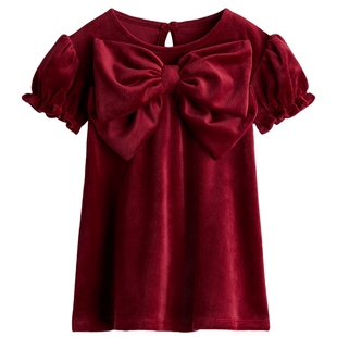 HM童装女婴裙子冬季蝴蝶结新年丝绒红色连衣裙1309771