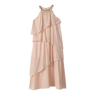 ENJOYME 商场同款法式度假风挂脖连衣裙女夏季白色荷叶边显瘦长裙