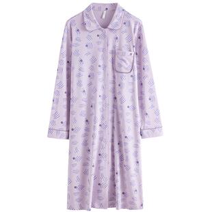 康妮雅纯棉睡裙女春秋款紧密赛络纺长袖中长款宽松休闲家居服睡衣