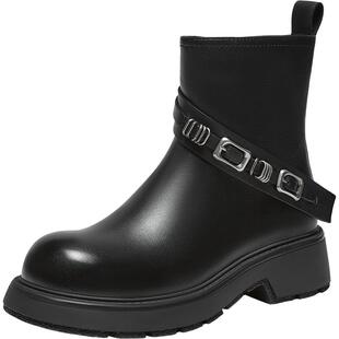 百思图冬季商场新款通勤牛皮休闲靴圆头粗跟女短靴H6816DD5