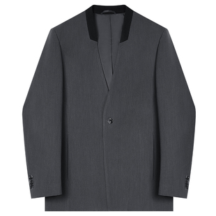 【储格】拼色无领新中式休闲西服男麻纱宽松小西装国风设计感外套