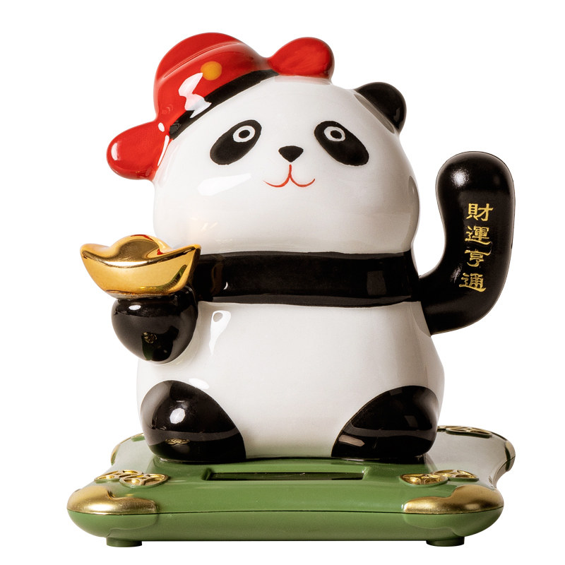 个性大熊猫陶瓷太阳能摇手摆件
