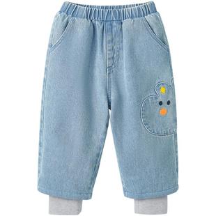 博睿恩男女宝宝加绒长裤子秋冬款婴幼儿童休闲保暖加厚束脚牛仔裤