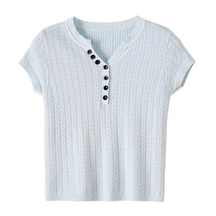 春夏装女款2026年新款短袖针织衫女高级感冰丝镂空半开领t恤上衣