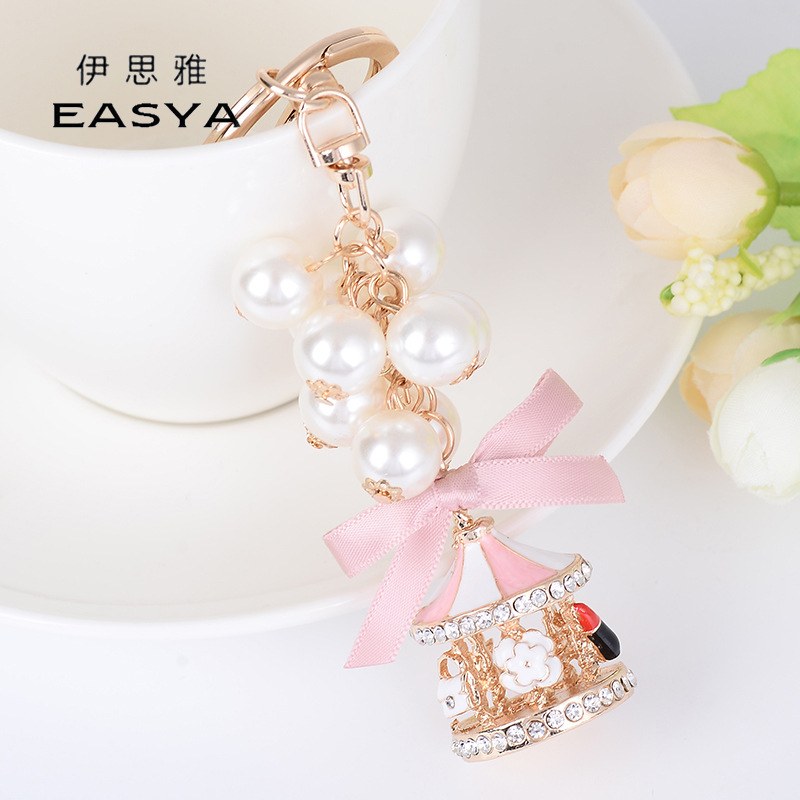 新品 创意新款旋转木马钥匙扣女生珍珠串包包挂饰挂件精美小礼品