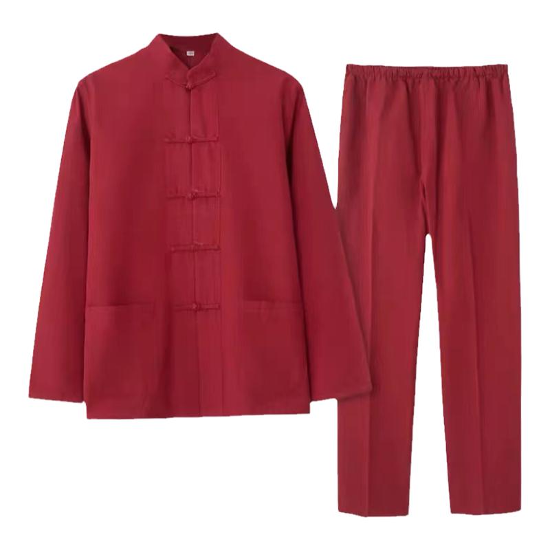 纯棉老粗布男士唐装中老年长袖套装春秋盘扣汉服居士服茶服中山装
