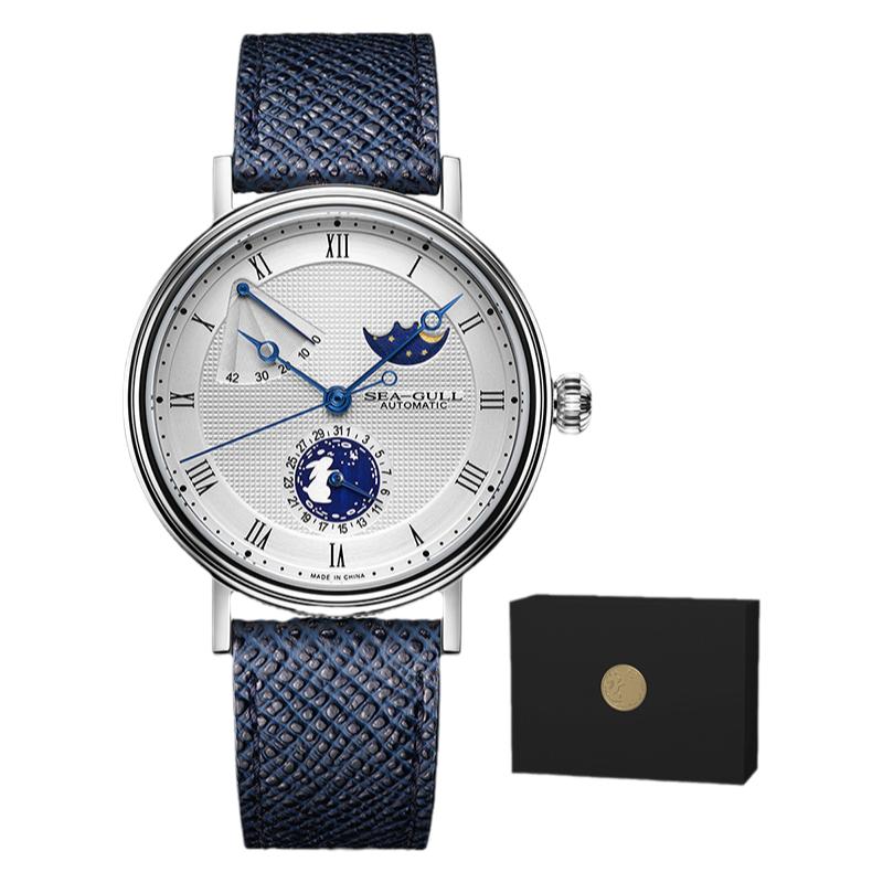 正品海鸥表男士时尚商务休闲月相全自动机械手表男表玉兔望月6092