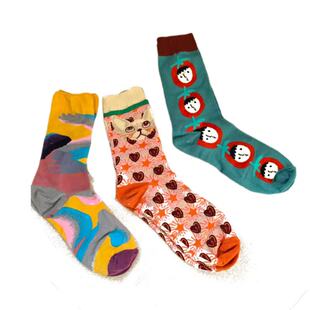 19.9元十双男女花花潮袜高筒纯棉卡通抽象艺术学生复古小众堆堆袜