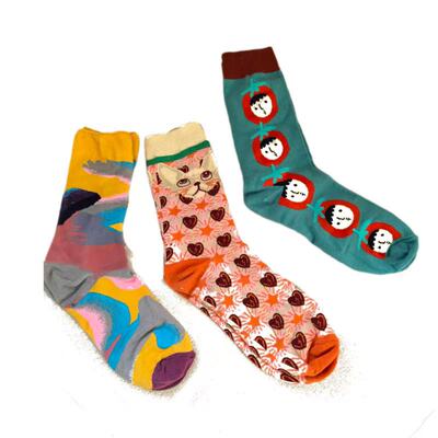 19.9元十双男女花花潮袜高筒纯棉卡通抽象艺术学生复古小众堆堆袜