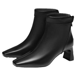 KISSCAT接吻猫冬季时尚高跟靴短靴真皮时装靴粗跟方头棕色靴子女