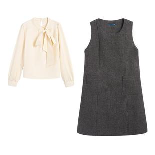 紫涵圆领长袖衬衫羊毛无袖连衣裙内外两件套装裙女2025年冬季新款