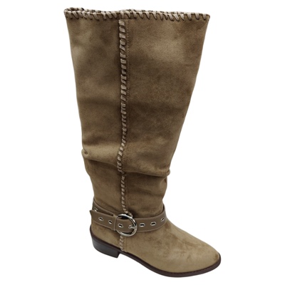 复古摩卡棕粗跟尖头不过膝西部靴