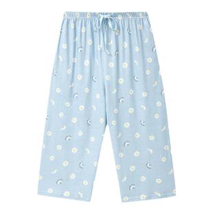 三枪新疆棉家居裤女七分裤夏季新纯棉印花睡裤系绳全棉女居家中裤