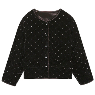 落落狷介短款黑色羽绒服女加厚保暖2025新款钉珠冬季丝绒外套女装