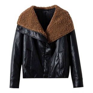 【保暖有型】填充90鸭绒撞色绵羊毛大翻领机车风羽绒服皮夹克外套