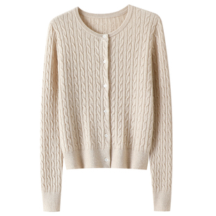 姐妹都喜欢！圆领绞花100%纯山羊绒开衫女纯羊绒毛衣针织外套秋冬