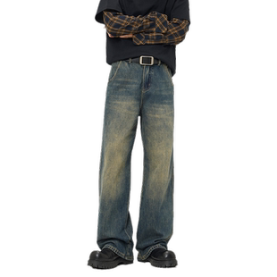 HomePanda美式复古宽松直筒加绒牛仔裤男秋冬潮牌cleanfit阔腿裤