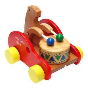 幼儿拖拉榉木小熊敲鼓车学步牵引绳拉拉车1-3岁早教爬行益智玩具