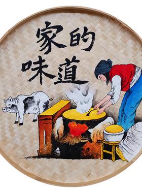手绘餐厅挂饰田园农家乐挂画竹编