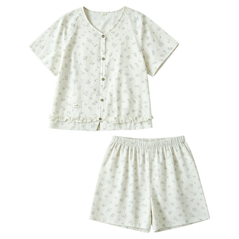MOLLYROSA绿野花信浅色碎花睡衣纯棉短袖短裤家居服两件套装夏新