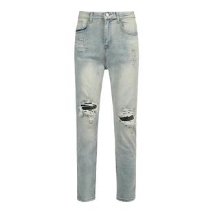 YORAINBOW 夏季新品黄泥色破洞微弹牛仔裤男修身小脚百搭美式街头