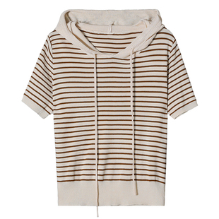 条纹连帽短袖t恤女夏季薄款冰丝针织衫 小个子气质短款上衣高级感