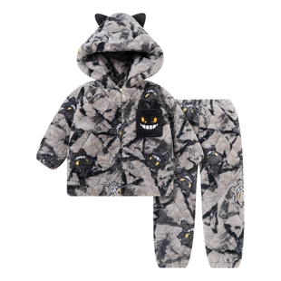 耿鬼睡衣亲子冬季三层夹棉加厚一家四口中大童连帽家居服两件套装