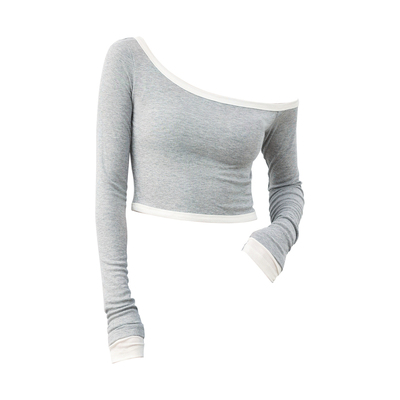 天丝斜肩露脐短袖T恤女