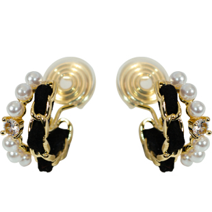 双层黑色绒绳珍珠弧形无洞蚊香盘耳夹气质耳钉女时尚耳饰