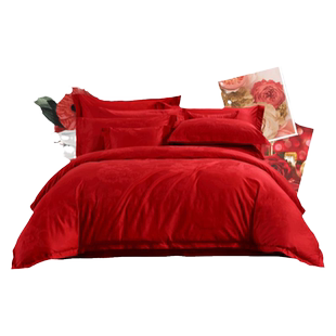 富安娜纯棉提花大红婚庆套件红色结婚床上用品新婚全棉床单四件套