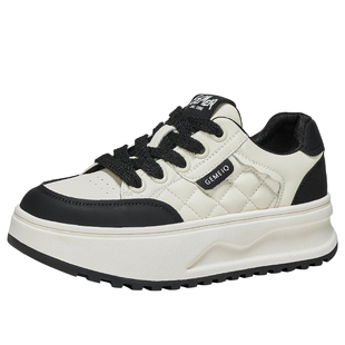 戈美其真皮小白鞋女春季新款加绒圆头菱格厚底运动鞋休闲板鞋