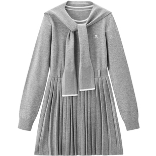 乐町真两件披肩X版型连衣裙女装2026年春季新款精致刺绣针织裙子