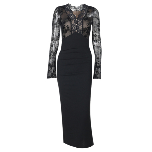GirlsAt18 性感黑色蕾丝长袖连衣裙女高级御姐修身包臀裙礼服长裙