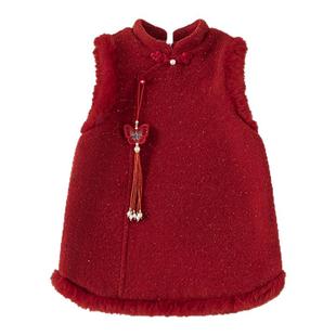汉服女童冬裙新款周岁女宝宝礼服红色拜年服裙子中式唐装年衣冬装