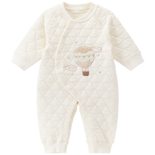 木生棉宝宝长袖连体衣冬季婴儿三层夹丝棉哈衣居家保暖爬爬服睡衣