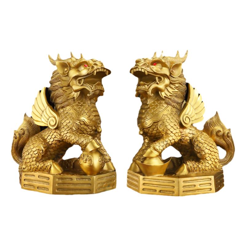 铜麒麟摆件一对公母全铜客厅家居家用纯黄铜踩八卦办公室工艺品