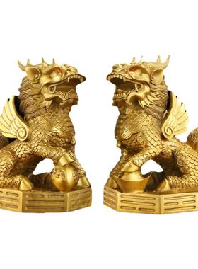 铜麒麟摆件一对公母全铜客厅家居家用纯黄铜踩八卦办公室工艺品