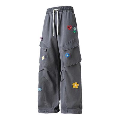 查尔斯桃心花卉刺绣伞兵工装裤男