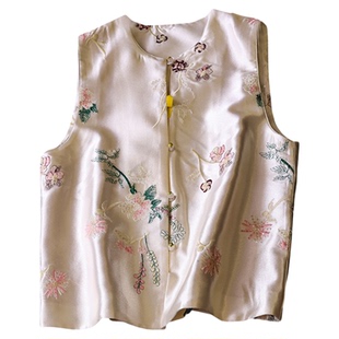 亮片刺绣刺绣缎面宽松显瘦圆领新中式国风无袖外套坎肩女马夹Z113