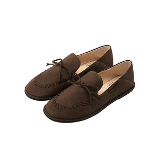 7or9复古风反绒皮乐福鞋女平底蝴蝶结圆头2026年新款豆豆鞋无花果