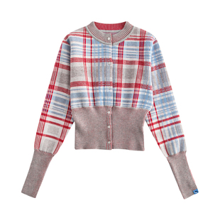 riverstone plus 复古格纹毛衣女冬季短款圆领收腰针织开衫上衣