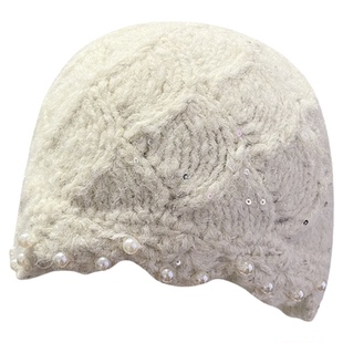 韩系针织包头帽女秋冬季显脸小氛围感手工钩织珍珠镶边套头帽百搭