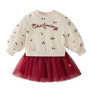 儿童长袖连衣裙小童春装公主新款洋气宝宝卫衣裙春秋女童红色裙子