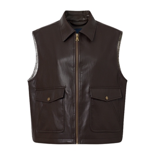 POLOWALK女士马甲2026春夏新款翻领复古休闲皮衣马甲拉链外套上衣