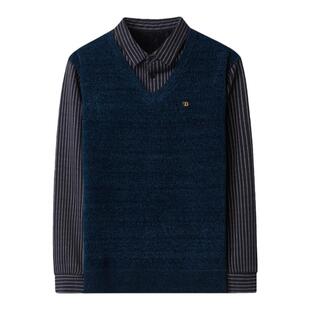 啄木鸟针织假两件男衬衫领保暖羊毛打底衫条纹加绒加厚爸爸装毛衣