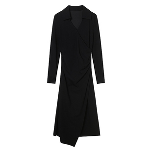 谷邦法式优雅连衣裙2025秋新款围裹收腰显瘦黑色V领开叉长裙子