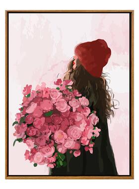 ins风捧花女孩diy数字油画