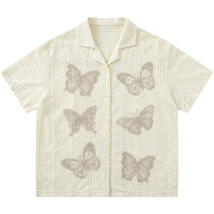 From Mars 米杏色蝴蝶 ins日系个性设计感衬衫翻领宽松百搭情侣夏